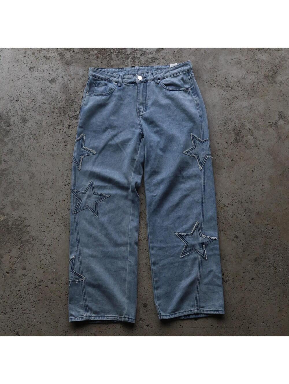 ROMWE Women’s Star Patch Baggy Jeans Size M 28-30" Light Wash Y2K Wide Leg Denim